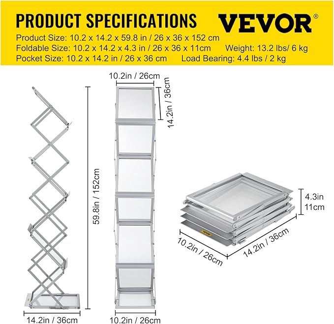 VEVOR Collapsible Literature Rack, Dual-Sided 6-Slot Leaflet Holder, Easy-to-Transport Brochure Stand with Travel Bag for Conferences and Office Use