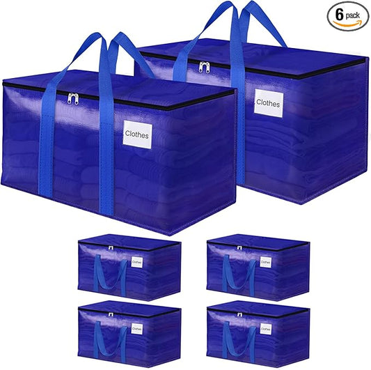 Moving Storage Bags, Moving Supplies Packing Boxes for Moving, Camping, College Dorm Room Essentials for Girls, Blue Tote Bags, Heavy-Duty Storage Bins With Lids And Zippers, 93L 6 Pack