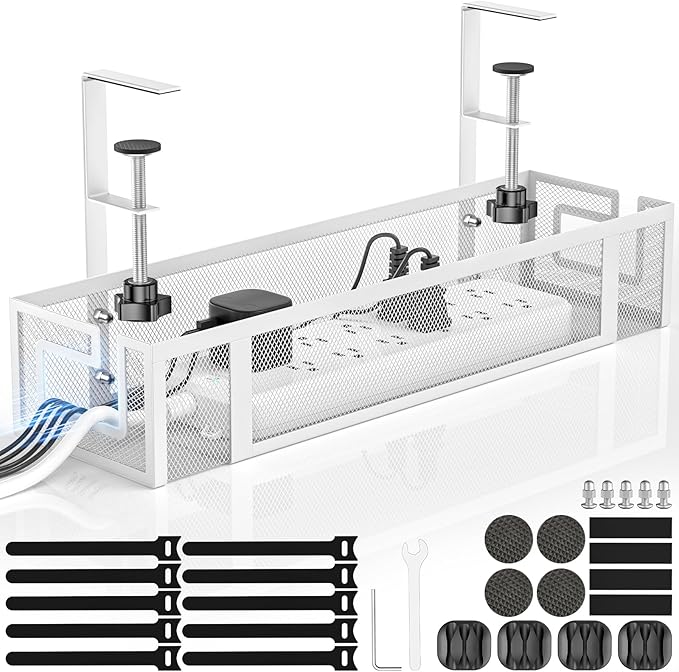 Under Desk Cable Management Tray - GZOKMOG No Drill Cord Organizer with Clamp, Reinforced Metal Mesh Workspace Organizers for Wire, Office Desk Accessories, 1 Pack White, 15.75 inch