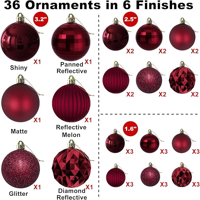 Maroon Christmas Ornaments - Christmas Tree Decorations Shatterproof Hanging Balls for Birthday Wedding Holiday Decor Set of 36pcs, Multi-Sizes(1.6",2.5",3.2")