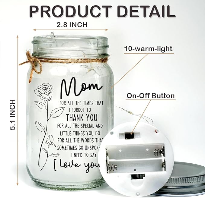 Mason Jar Night Light for Mom from Daughters, Sons, Kids, Christmas Gifts For Mom Grandma, Sentimental Best Mom Gifts for Women, Centerpiece Table Decorations, Home Decoration Lights