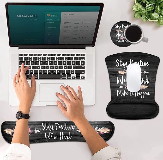 Mouse Pad Wrist Support and Keyboard Wrist Rest Set with Coasters, Stay Positive Work Hard and Make It Happen Inspirational Quote Wrist Mouse Pad with Non-Slip PU Base for Home Office Working Studying
