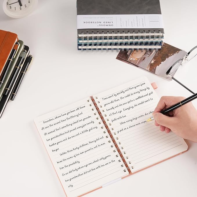 Lined Spiral Notebook Journal for Women Men 160 Pages A5 College Ruled Hardcover Leather with Pen Holder Notebook Journals for Note Taking Work Gray