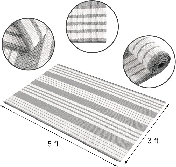 OJIA Entryway Rug 3'x5' Cotton Hand Woven Christmas Front Door Mat Holiday Doormat Machine Washable Outdoor Rugs Grey and White Striped Entry Rug Porch Rugs for Farmhouse/Bedroom/Home Entrance Decor