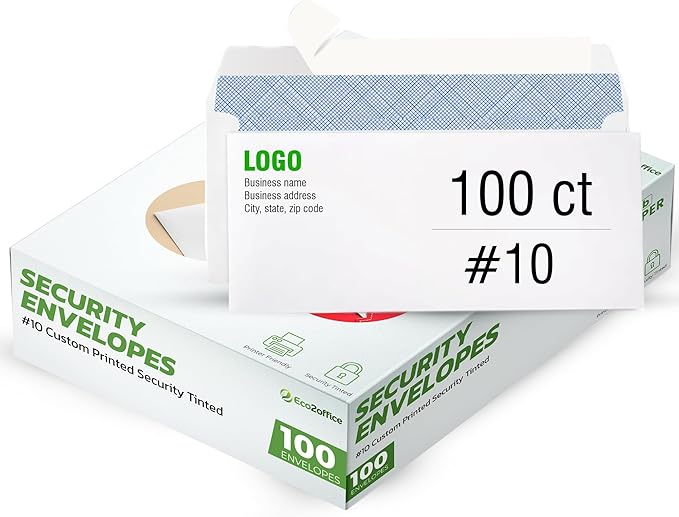 100 Custom #10 Envelopes with Logo - Personalized #10 Self-Seal - Printed Envelopes with Return Address - Custom Printed Security Envelope - Ideal for Business Mailings - White, 100 Count