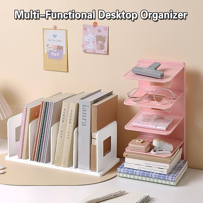 Lemical 4 Section Divider File Folder Holder Desk Book Organizer Desktop Bookshelf File Organizer Portable Plastic Kitchen Under Sink Organizer Pot Rack Handbag Sorter (Pink)