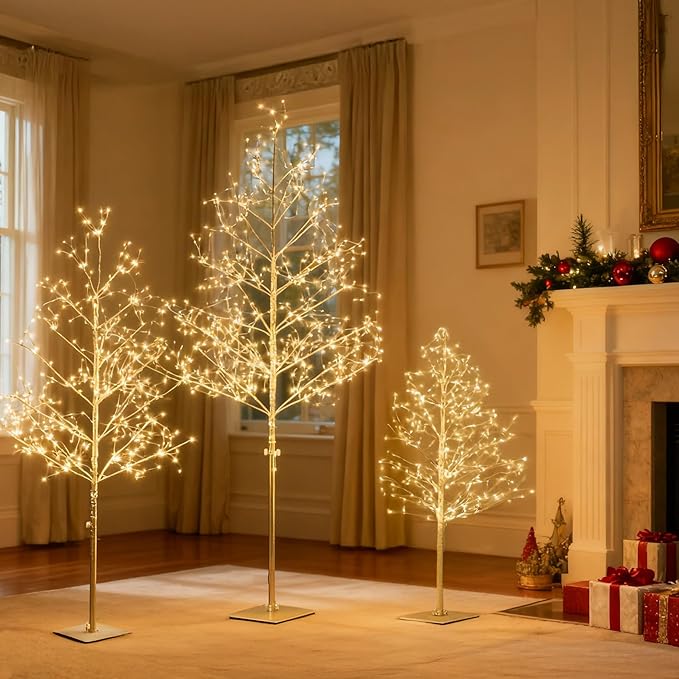 LIGHTSHARE Christmas Tree Combo Kit - Starlit Tree Collection with Angel Lights, 4 Feet 5 Feet and 6 Feet, Golden, Pack of 3, Perfect for Home Decor Holiday Party Wedding