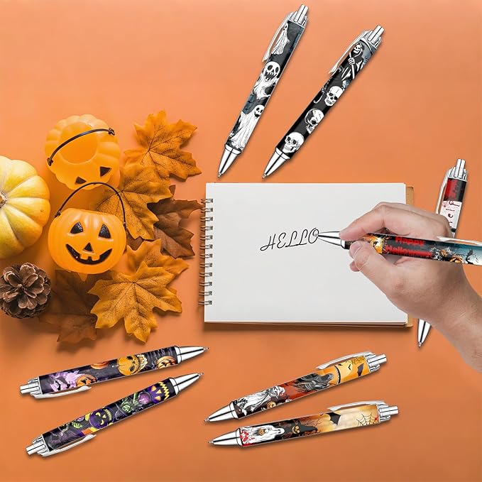 Idealmuzik Halloween Pens Set – Fun Ballpoint Pens for Adult, Students, and Stationery Lovers – Smooth Writing Pens for School, Journaling, or Party Favors – Haunted Holiday Design, 8 Pack