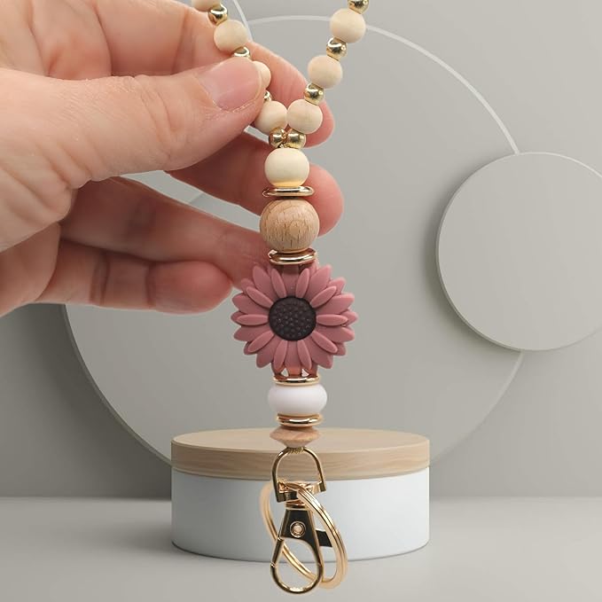 Wooden Teacher Lanyards for Id Badge Cute Flower Wood and Gold Beaded Lanyards for Women for Nurse Badge