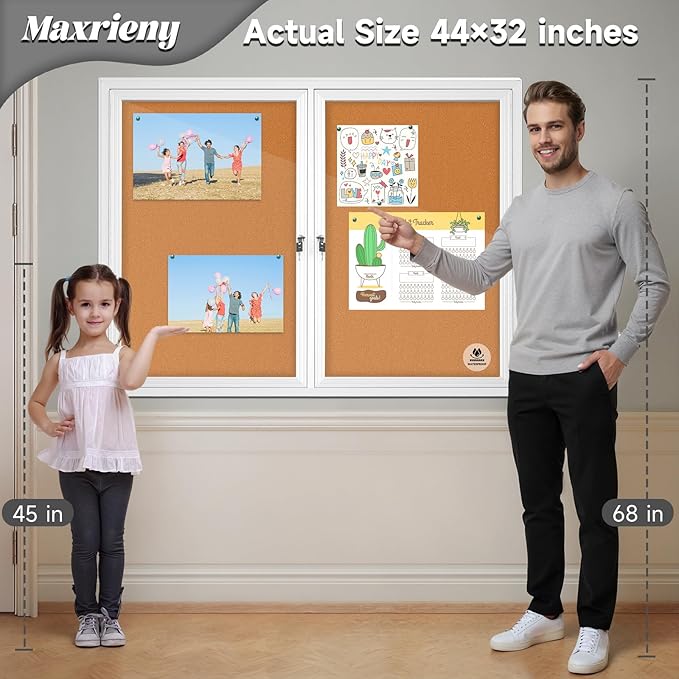 Lockable Outdoor Enclosed Bulletin Board, Weatherproof Cork Noticeboard with Locking Door, Wall-Mounted Aluminum Framed Display Case for Messages (Silver Frame & Cork, 44x32 in)