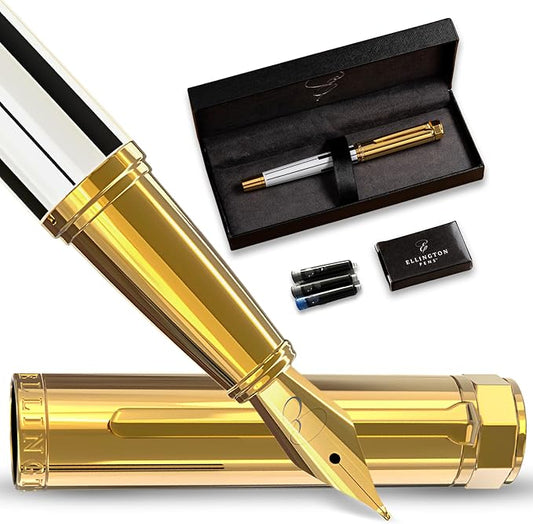Luxury Fountain Pen Set- Fountain Pens for Writing - Smooth Fine Nib - Includes Refillable Ink Converter, 3 Ink Cartridges [Black & Blue], Gift Box - Elegant Calligraphy