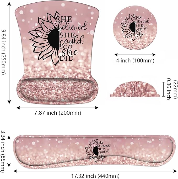 Mouse Pad Wrist Support and Keyboard Wrist Rest Set with Coasters, She Believed She Could So She Did Inspirational Quote Wrist Mouse Pad with Non-Slip PU Base for Home Office Working Studying