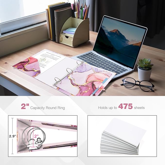 Ospelelf 3 Ring Binder, 2 Inch Letter Size (11" x 8.5") with 5 Tab Dividers, File Folder Labels and Low Profile Clipboards, Pink Marble Binder for School and Office Supplies
