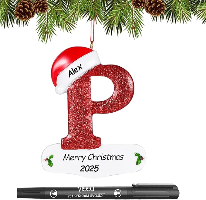 Personalized 26 Letters Ornaments for Christmas Tree 2025, Custom Christmas Ornament with Family Member's Names 3D Resin Xmas Hanging Pendant Original Gifts for Family Friends(P)