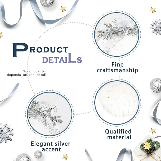 Nature Vibe Set of 6 Faux Fur White Christmas Ornaments Box Pack,Christmas Balls with Silver Accent as Christmas Tree Decorations or Winter Wonderland Decorations