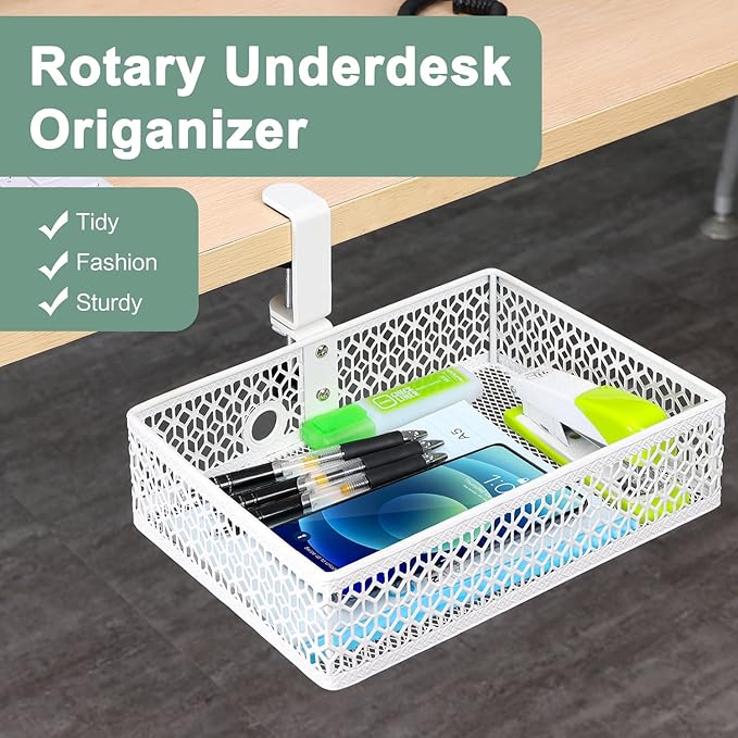 ROSYLIN Heavy Duty Clamp On Under Desk Drawer Organizer Storage Tray Basket with Non-Slip Pad Hanging Mount for Home Office Studio Bedroom or Dorm (white)