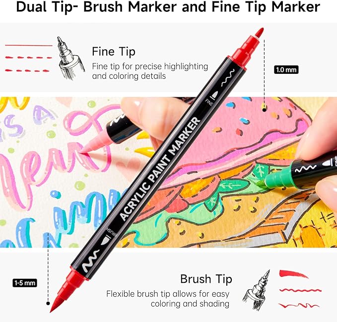 Shuttle Art 60 Colors Dual Tip Acrylic Paint Markers, Brush Tip and Fine Tip Acrylic Paint Pens for Rock Painting, Ceramic, Wood, Canvas, Plastic, Glass, Stone, Calligraphy, Card Making, DIY Crafts