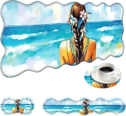 Large Mouse Pad and Keyboard Wrist Rest, Desk Pad for Keyboard and Mouse, 4-in-1 Large Gaming Mouse Pad with Wrist Support, Desk Mat for Home Office Study Game-Girl with Floral and Feather