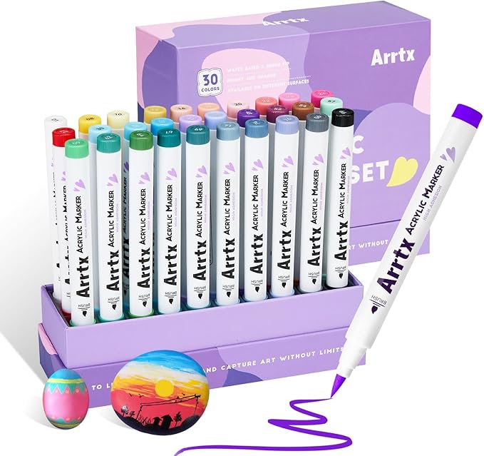 Arrtx 30 Colors Acrylic Paint Pens for Rock Painting, Extra Fine Tip Markers for Rock Painting, Ceramic, Glass, Canvas, Mug, Wood, Easter Egg, Waterproof Paint DIY Crafts Making