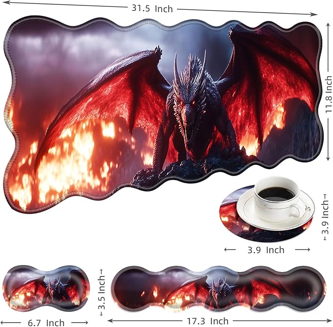 Large Mouse Pad and Keyboard Wrist Rest, Desk Pad for Keyboard and Mouse, 4-in-1 Large Gaming Mouse Pad with Wrist Support, Desk Mat for Home Office Study Game-Dragon in Flames
