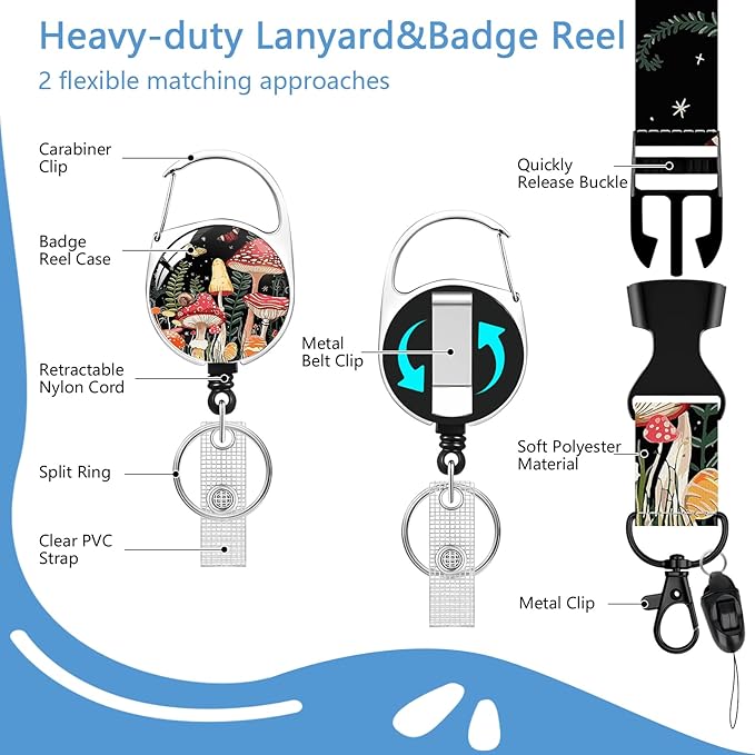 Mushroom Badge Holder Reel Lanyard,ID Card Badge Holder Retractable Name Tag Clips for Doctor Nurse Teacher Office Student