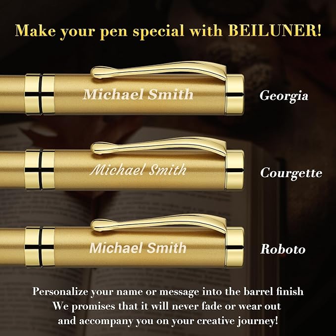 BEILUNER Personalized Ballpoint Pens, Stunning Bright Silver Chrome Metal Pen with Golden Trim, Fancy Ball Pen Gift Set for Men & Women, Graduation,Office, Nice Gift Box with 0.5mm Black Spare Refill