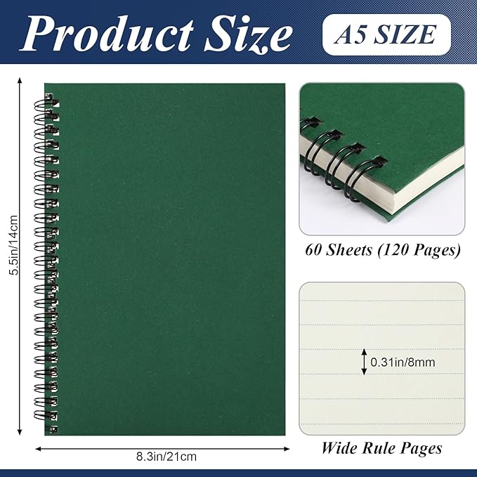 Leelosp 12 Pack Small Spiral Notebook A5 Lined College Ruled Spiral Journal Notebook 5.5 x 8.3 Inch Kraft Cover, 120 Pages for Work Students Office Business(Dark Color)
