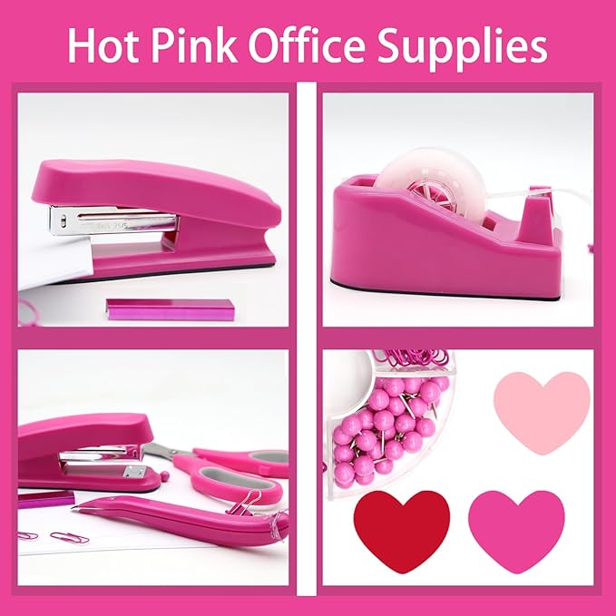 Hot Pink Office Supplies, UPIHO Hot Pink Desk Accessories, Stapler and Tape Dispenser Set for Women with Stapler, Tape Dispenser, Staple Remover, Staples, Clips, Scissor and Sticky Notes for Students