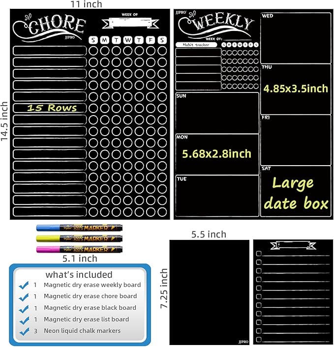 Magnetic Chalkboard Weekly Planner - Reward Chore Chart Blackboard Combo Set with Neon Bright Liquid Chalk Markers - Bonus Grocery List and Notepad Blackboard for Refrigerator Included