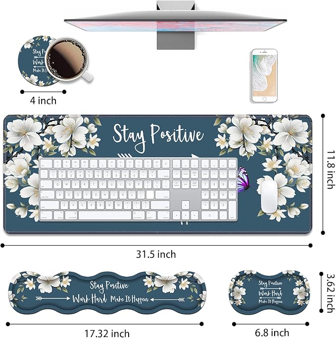 4 in 1 Ergonomic Keyboard Wrist Rest & Mouse Pad Wrist Rest Set,Stay Positive Work Hard and Make It Happen Inspirational Quote Large XXL Gaming Desk Mat with Non-Slip Base for Home Office Study Gaming