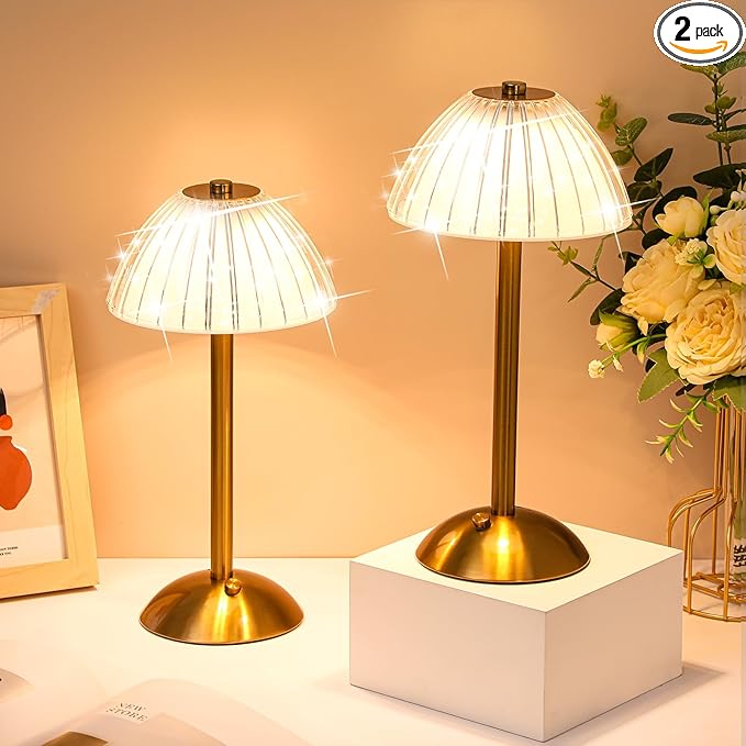 Liliful 2 Pcs LED Portable Cordless Table Lamp Touch Battery Operated Rechargeable Gold Desk Lamp 3 Color Dimmable for Bedroom Living Room Dining (Gold,Mushroom Style)