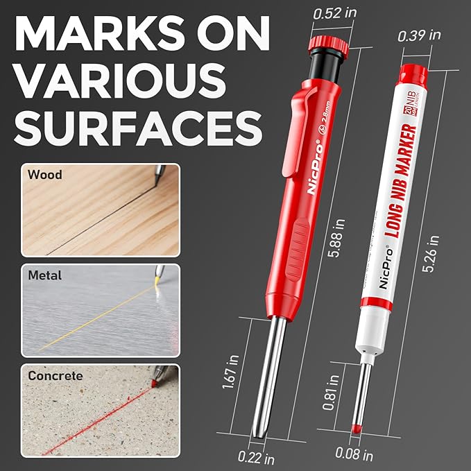 Nicpro 4 Pack Carpenter Pencils with Sharpener, Construction Mechanical Pencil Set with 52 Refills, Heavy Duty Working Tools, Long Nib Marker Pens for Architect Marking (Red, Black, Yellow, Green)