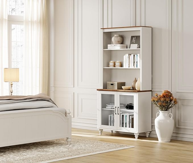 WAMPAT 5 Tier Farmhouse Bookshelf 72" Tall Bookcase with Doors, Large Display Book Shelf with Adjustable Shelves and Storage Cabinet Wood Bookshelves for Living Room & Study Room & Bedroom, White