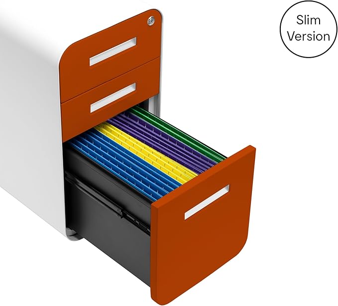 Laura Davidson Furniture Stockpile Slim 3-Drawer Mobile File Cabinet with Lock - Under Desk Metal Filing Cabinet, Legal/Letter File Folders, Wheels and Stationary Feet, Pre-Assembled, Orange Faceplate