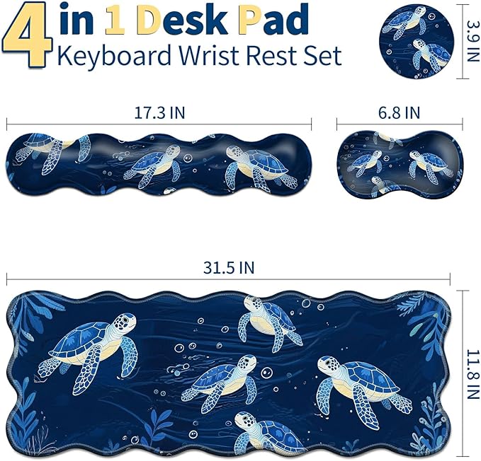 4-Piece XXL Gaming Mouse Pad Set (31.5"x11.8") with Keyboard Wrist Rest,Mouse Wrist Support & Coaster,Ergonomic Non-Slip Desk Mat for Office & Home,Blue Sea Turtle
