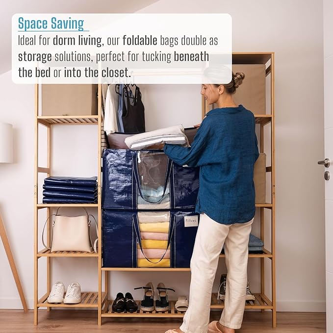 VENO 8 Pack Moving Bags, Moving Supplies, Moving Boxes, College Packing Storage Boxes with Lids Alternative, Heavy Duty Totes, Extra Large, Sturdy Handles, Zipper (Blue with Window, 8 Pack)