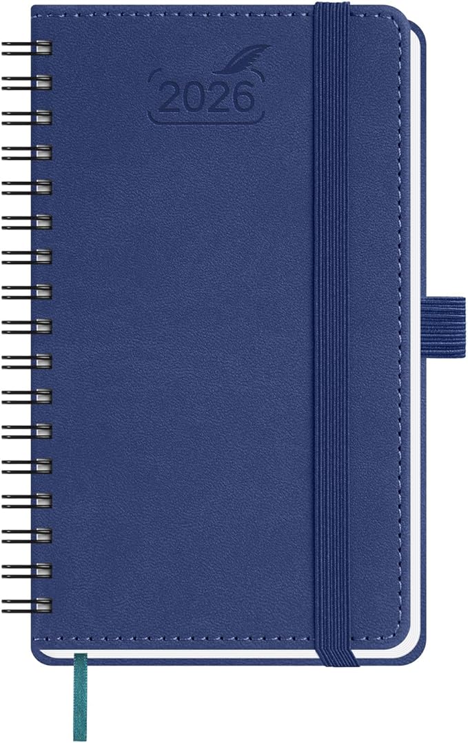 BEZEND Pocket Calendar 2026 Weekly and Monthly (3.5" x 6" Spiral) Small Daily Planner for Purse (Jan-Dec) with Notes & Expenses, Inner Pocket, Pen Holder, Vegan Leather Softcover - Blueberry