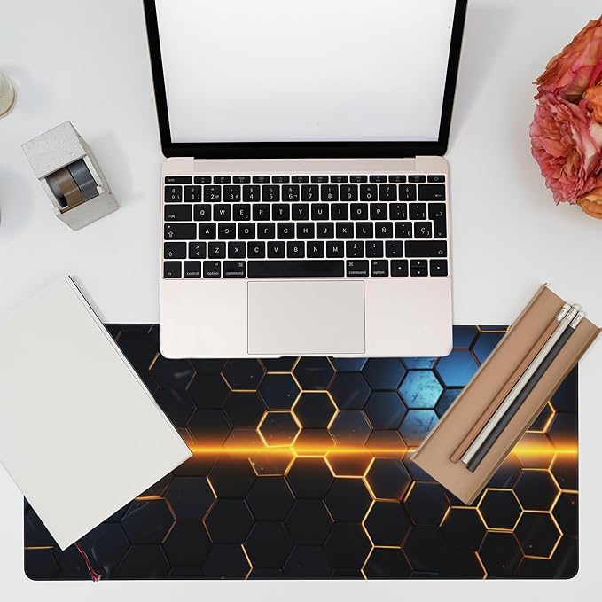Large Gaming Mouse Pad,Golden Lines Honeycomb Technology Desk Mat,Honeycomb Technology Desk Pad,Extended Computer Keyboard Mouse Pad with Non-Slip Base and Stitched Edge,35.4"x15.7"