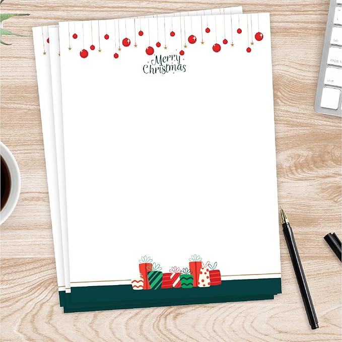 easykart labels Christmas Stationery Paper Letterhead Sheets 60 Pack Holiday Xmas Theme Design For Writing Letters Computer Office Notes & Printing Supplies Size 8.5" X 11"