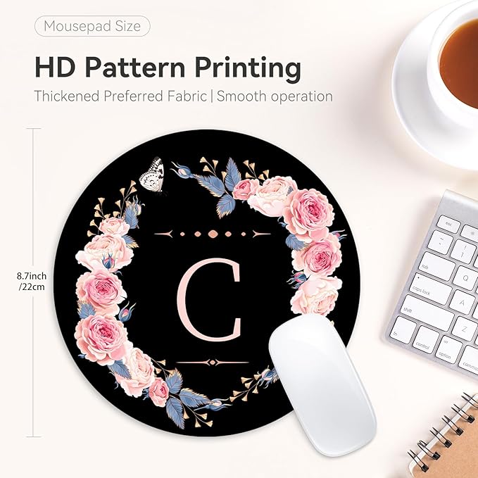Letter C Black and Pink Flowers Round Mouse Pad, Funny Small Mouse with Non-Slip Rubber Base, Home Office Decor Desk Accessory, 8.7inch Round