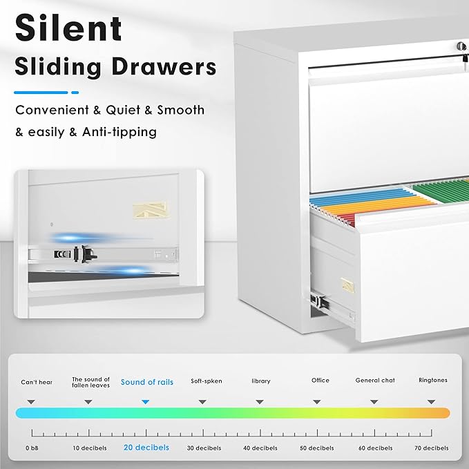 Pataku Lateral File Cabinet, 2 Drawer File Cabinet with Lock, White Filing Cabinets for Home Office, Metal File Cabinet for Hanging Files/Letters/Legal/F4/A4(White)