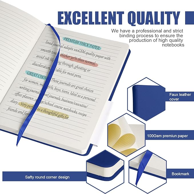 Lined Journal Notebook, 10Pack(Blue), 160 Pages, Medium 5.7 inches x 8 inches - 100 gsm Thick Paper, Hardcover