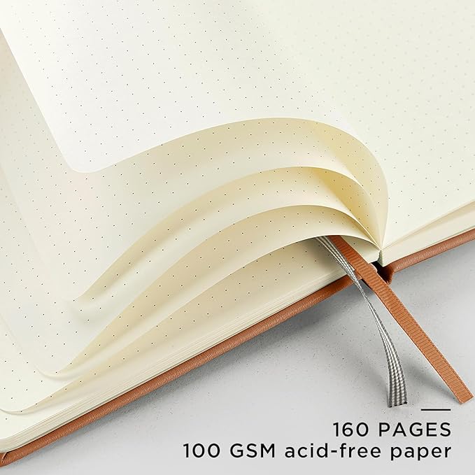 &And Per Se Dotted Journal Notebook, A5 Hardcover Leather Bullet Dotted Journal, 160 Pages 100 gsm Thick Paper, 3 Sheets of Stickers Included- 5.7'' x 8'' (Light Brown)
