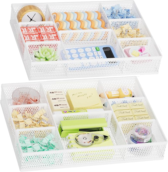 Marbrasse 2 Pack Desk Drawer Organizer, Mesh Drawer Organizer Tray with 8 Adjustable Compartments, Desk Organizers and Accessories, 5 Dividers for Office Supplies, Makeup & Vanity (White)