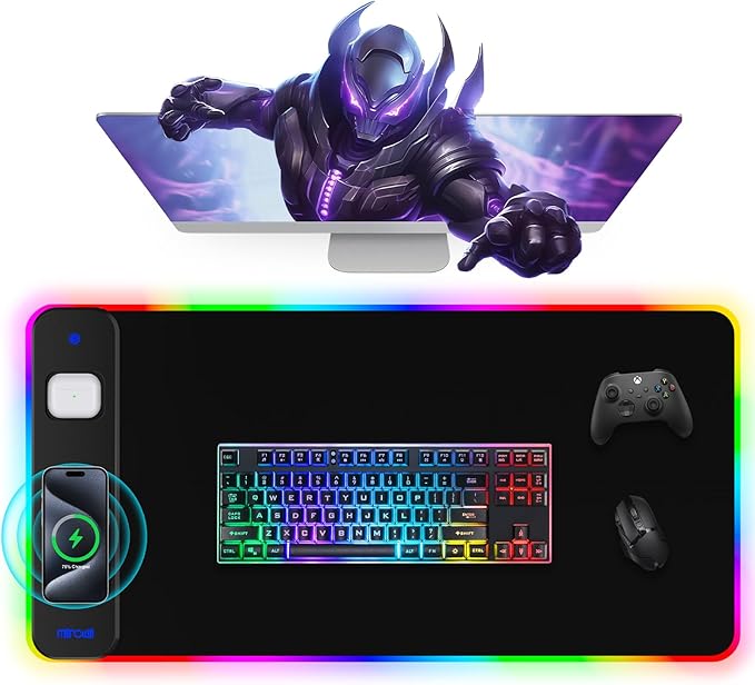 Magnetic RGB Gaming Mouse Pad 31.5x15.75 Inch, 15W Fast Wireless Charging Desk Mat, XXL Desk Pad with 11 RGB Lighting Modes, Home Office Large Keyboard Pad with Ultra-Smooth Surface, Non-Slip Base