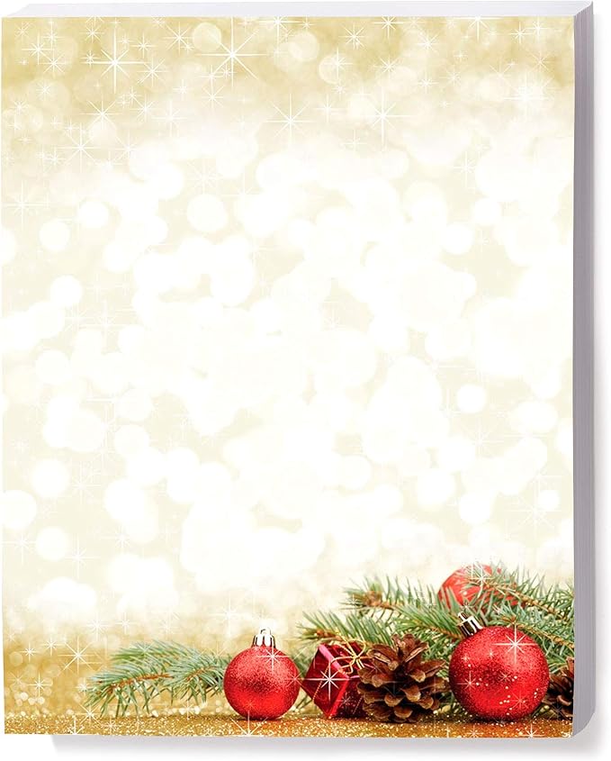 PaperDirect Golden Sparkle Holiday Enchantment Border Paper, Lighted Gold Background with Pine Boughs and Ornaments, 8.5 x 11, Acid-Free, Ideal for Holiday Invitations, Cards, 100 Sheets