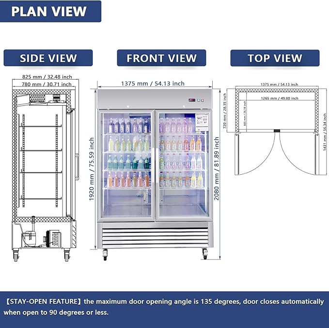 Merax Merex Commercial Refrigerator 54" W 2 Glass Door Stainless Steel Interior and Exterior Construction Upright Fan Cooling Reach-in Merchandising 42.2 Cu.ft, Silver