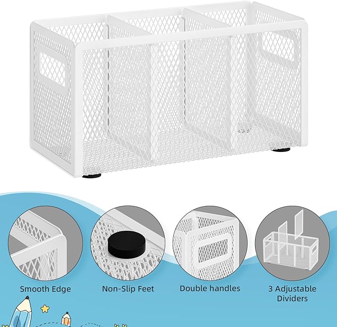 Marbrasse Mesh Pen Holder for Desk,Pencil Holder Desk Organizer 3 Adjustable Compartments,Pencil Cup with Handle Perfect for Classroom, Office, Home,Makeup,Art (White)