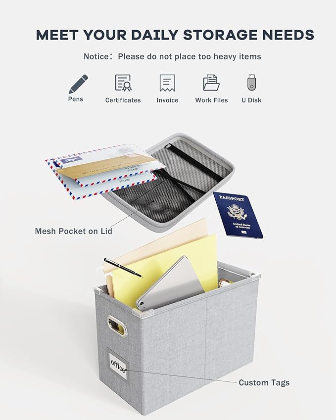 Oterri File Organizer with Lid, Hanging Filing Box with Mesh Pocket, Document Organizer for Letter Files, Portable Storage Box with Smooth Sliding Rail for Office & Home (1 PCS, Light Grey)