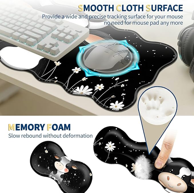 4-Piece XXL Gaming Mouse Pad Set (31.5"x11.8") with Keyboard Wrist Rest,Mouse Wrist Support & Coaster,Ergonomic Non-Slip Desk Mat for Office & Home,Cute Black White Cow